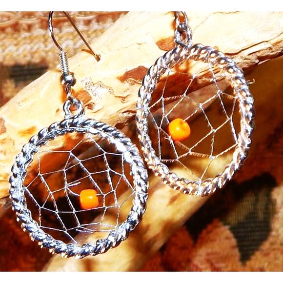 Orange "Spider" in Web Earrings - Picture 2 of 10